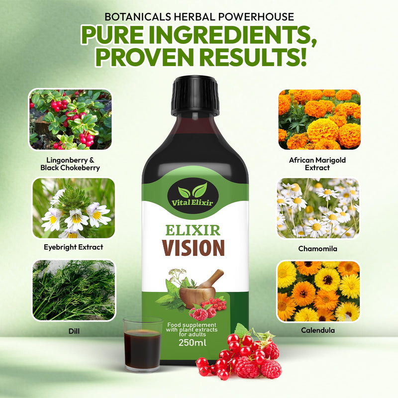 Elixir Vision, Nutritional Food Supplement with Plant Extracts for Adults – Herbal Liquid Formula with Eyebright & Marigold – 250ml – Vegan & Gluten-Free