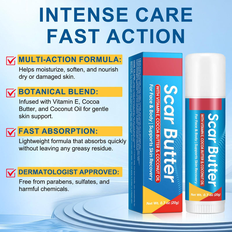 Scar Butter Stick for Scar, 100% Cocoa Butter with Vitamin E & Coconut Oil | Cocoa Butter Sticks Fade Scars, Stretch Marks, for Dry Face, Lip & Body, Non-Greasy, Portable Stick/swivel Applicator 1pc