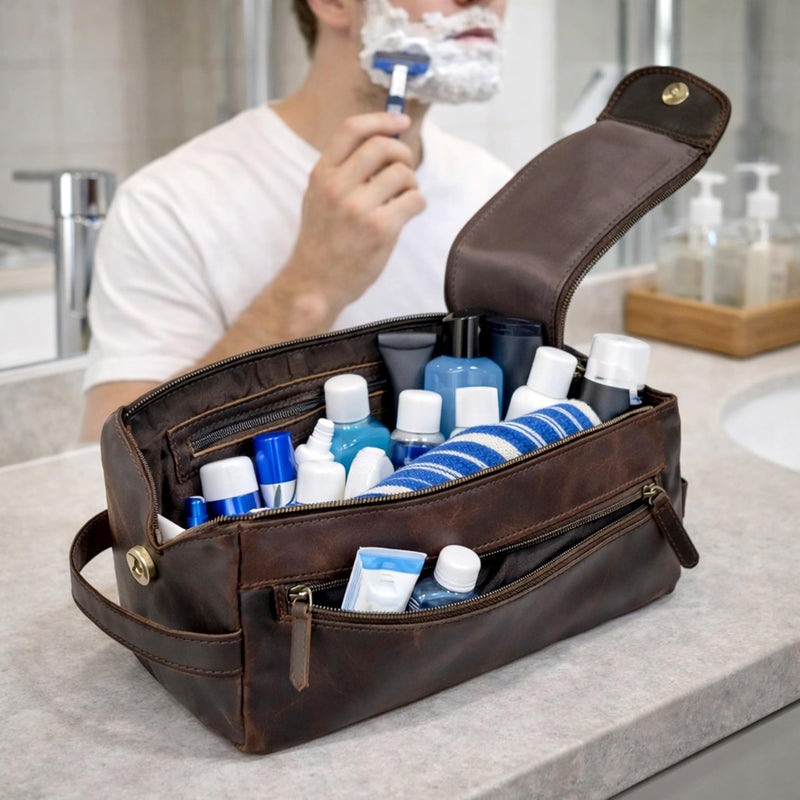 cuero Genuine Buffalo Leather Unisex Toiletry Bag Travel Leather Dopp Kit Made With High Class Buffalo Leather Brown
