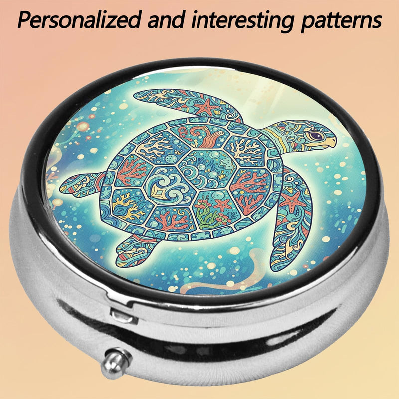 Round Pill Case Small Pill Box with Mirror Pocket 3 Compartment Vitamin Pill Medicine Case Organizer Pill Containers for Traveling Mandala Sea Turtle One Turtle Mandala One