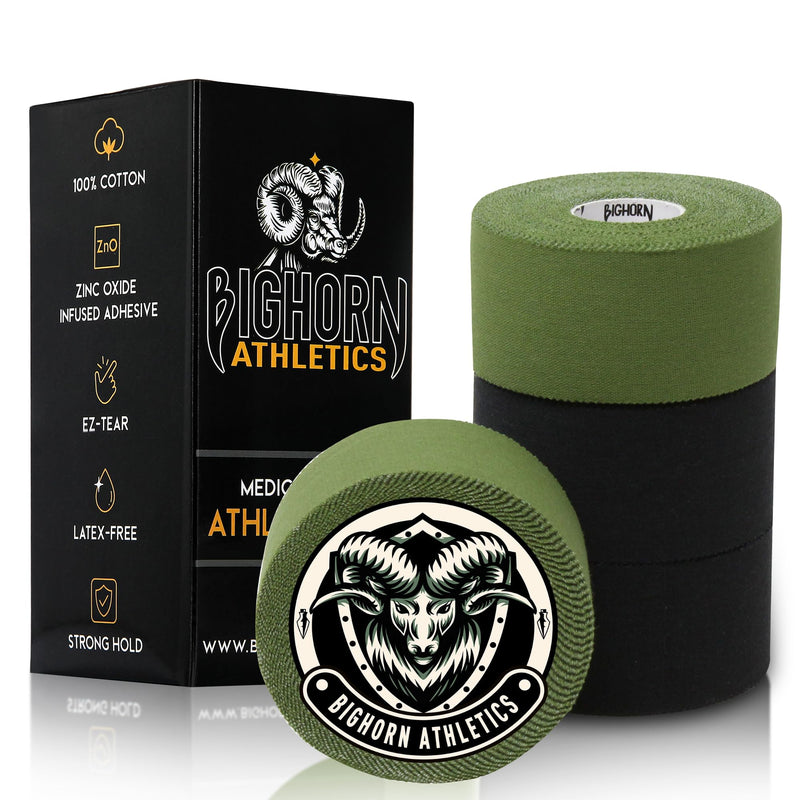 Bighorn Athletics Sports Tape | EZ-Tear Athletic Tape for Wrist, Ankle & Foot Support | Zinc Oxide Infused & Latex-Free Adhesive, Cotton Fabric, 1.5-Inch x 45-Feet, 4 Rolls, Military Green & Black
