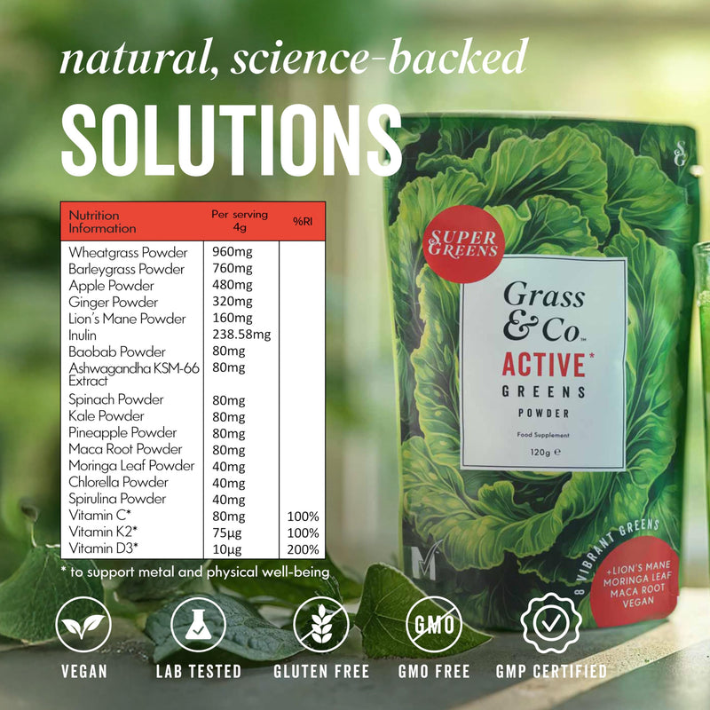 Grass & Co. Active Super Greens | Vegan Daily Greens Powder | 120g | Supports Energy, Digestion & Immunity | with Lion’s Mane, Moringa & Vitamins C, K2 & D3 | Apple & Ginger Flavour | 30 Day Supply Powder | 30 Servings