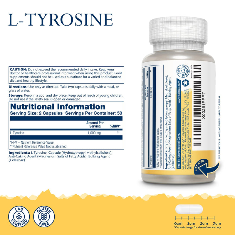 Solaray L-Tyrosine Free-Form Amino Acid Supplement 1000mg - 100 High Strength Capsules - 500mg L Tyrosine per Capsule - Lab Verified, Gluten Free 100 count (Pack of 1)
