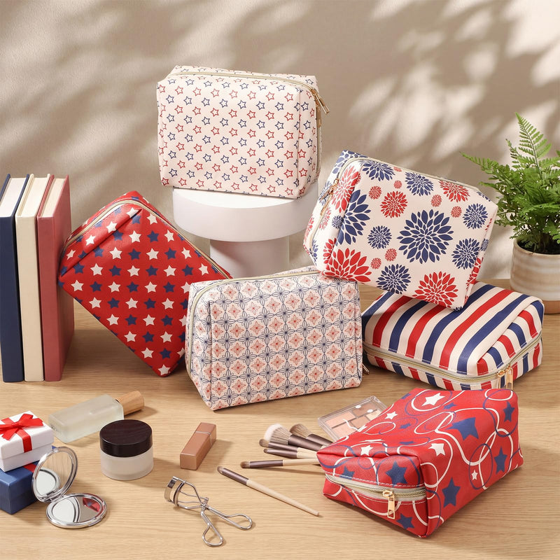 FoldTier 6 Pcs Patriotic Star Makeup Bags Bulk for Women | Red White Blue Cosmetic Bag with Zipper Organizer Travel Toiletry Pouch 8.7 x 5.9 x 3.9 in Pencil Pouch party Favor