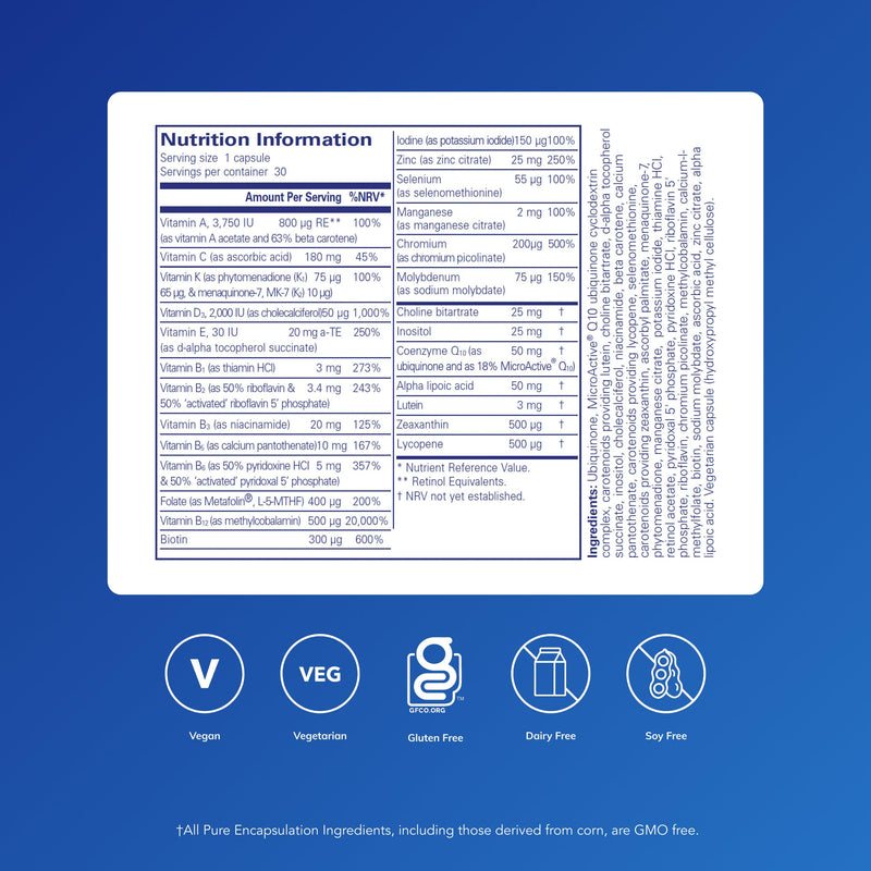 Pure Encapsulations O.N.E. Multivitamin - Comprehensive Once-Daily Multivitamin - with Vitamins A, B1, B2, B3, B5, B6, C, D, E, K, Folate & Selenium - 30 Capsules 30 count (Pack of 1)