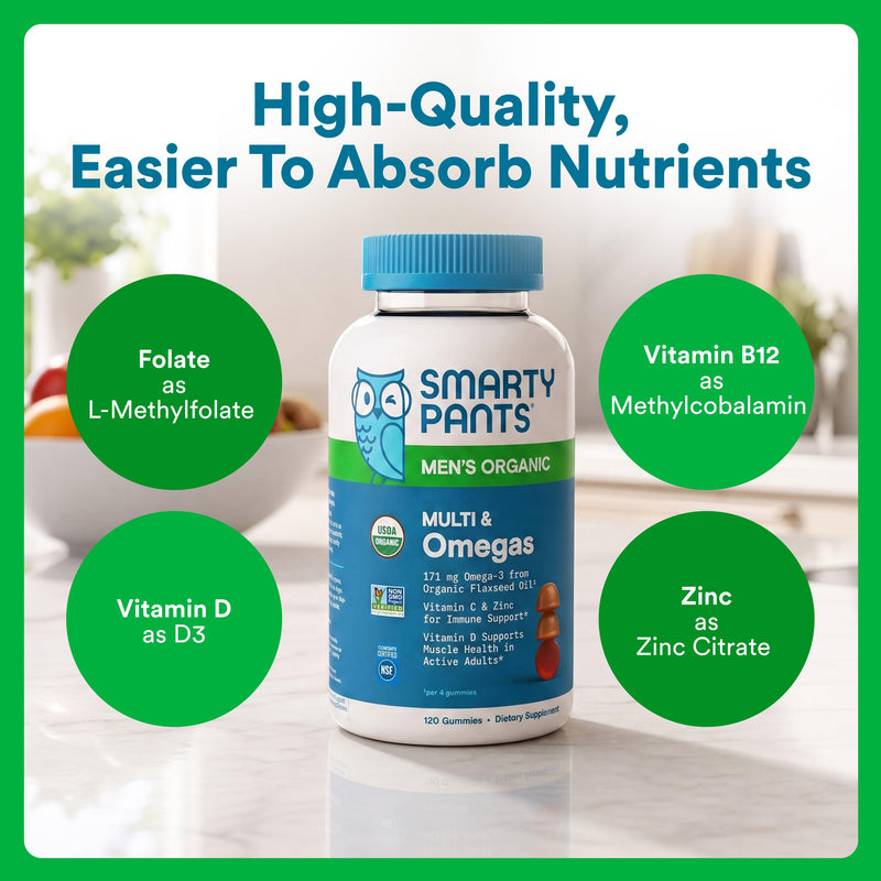 SmartyPants Multivitamin for Men, Organic Gummies: Methylfolate, Omega 3 (ALA), Vitamin D3, C, Vitamin B12, B6, A, K & Zinc for Immune Support, Biotin, Vegetarian, 120 Gummies (30 Day Supply) Organic + Omega