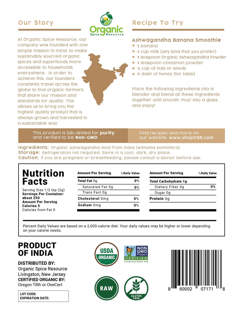 [Australia] - Organic Ashwagandha Root Powder - 1.10 lbs (17.64 oz) | Resealable Kraft Bag,Non-GMO, Indian Ginseng, Withania Somnifera -100% Raw from India, by SHOPOSR 1.1 Pound (Pack of 1) 