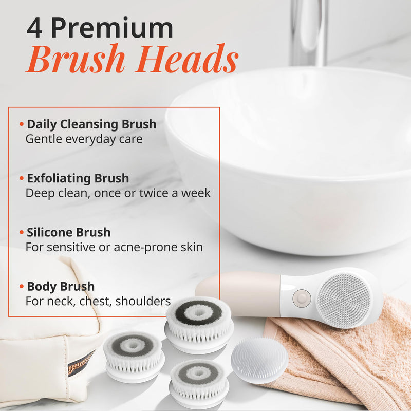 [Australia] - Raedia Handheld Facial Cleansing Brush with 4 Interchangeable Brush Heads by Vanity Planet - Lightweight Daily Cleansing Brush for Glowing Skin - Water Resistant Face Exfoliator - Warm Grey Warm Gray 4 Piece Set 