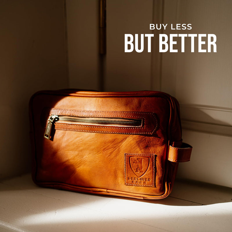 BERLINER BAGS Vintage Genuine Leather Toiletry Bag For Men Paul, Brown | Leather Travel Bag, 1-2 Zippered Compartment, Large Capacity, YKK Metal Zipper, Leather Handle 1 Compartment