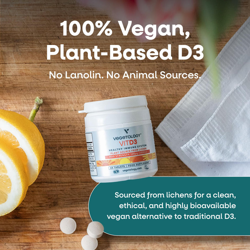 Vegetology Vegan Vitamin D3 High Strength 4000 IU Vitamin D Tablets - Chewable Plant-Based Supplement - Bone, Muscle & Immune Support - 60 Tablets