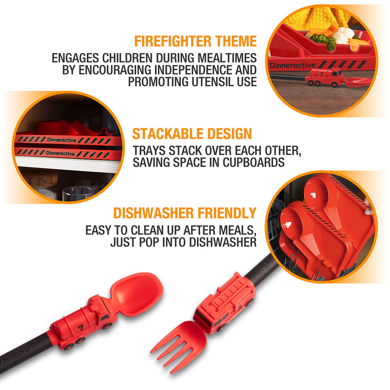 [Australia] - Dinneractive Dining Set For Kids - 3PC Red Firefighter Dinnerware - Fire Truck Utensils - Toddler Plates - Baby Dishes Firefighter Red 