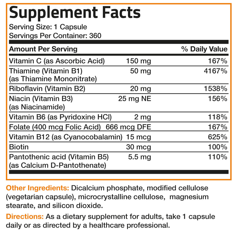 Bronson Vitamin B Complex with Vitamin C Vegetarian Capsules, 360 Count | Immune Health, Energy Support, Nervous System Support, Non-GMO, Soy-Free, Gluten-Free, Contains All B Vitamins Unflavored 360 Count (Pack of 1)
