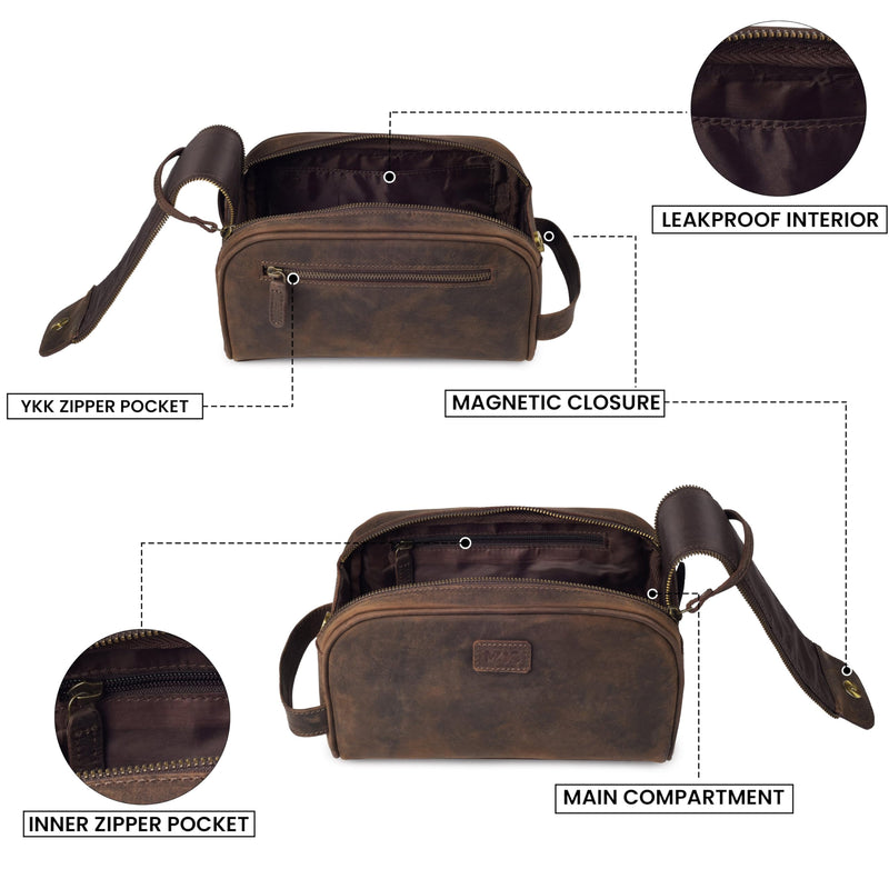 Genuine Leather Toiletry Bag for Men - Rustic Classic Vintage Handcrafted Full-Grain Leather Travel Dopp Kit with Waterproof Lining & Handle, Shaving & Grooming Kit Organizer Pouch - Rustic Brown