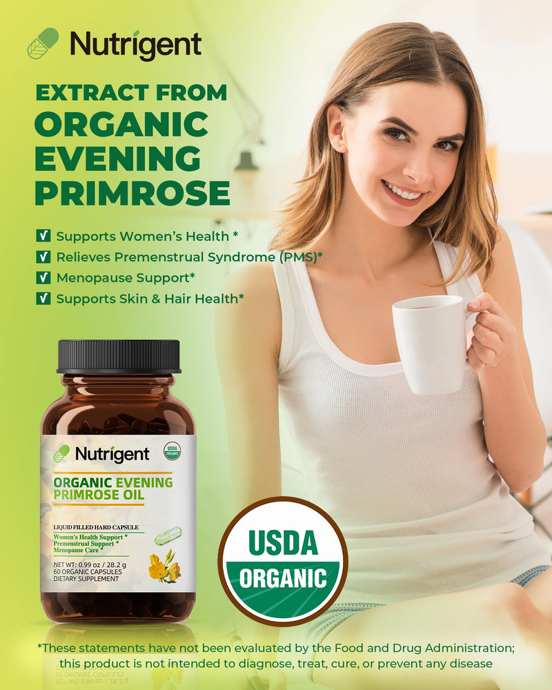 [Australia] - Organic Evening Primrose Oil Supplement, 940 mg 100% Pure with 10% GLA, High Absorption Liquid Organic Capsules, Promotes Women's Health & Skin Health, Cold Pressed, 60 Count 1 