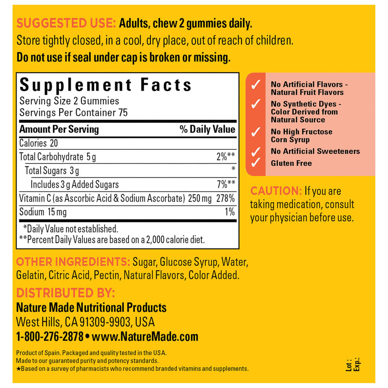 Nature Made Vitamin C Gummies 250mg per Serving, 150 Count | Adult Vitamin C Immune Support Gummies for Daily Immune Support and Antioxidant Support, Tangerine Flavor, 75 Day Supply 150 Count (Pack of 1)