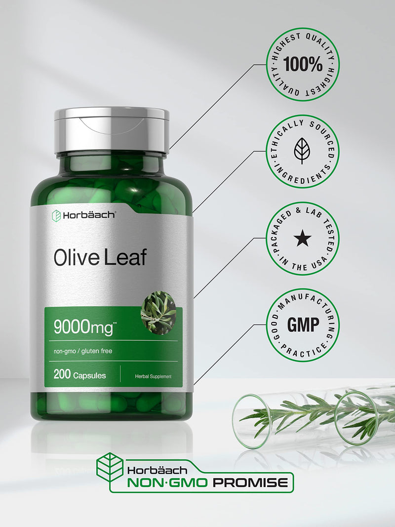 Horbäach Olive Leaf Extract Capsules 9000mg | 200 Count | Super Strength Supplement | Non-GMO, Gluten Free