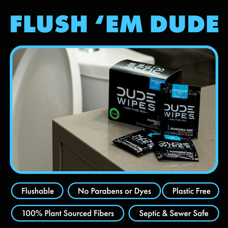[Australia] - DUDE Wipes - On-The-Go Flushable Wipes - 1 Pack, 30 Wipes - Unscented Extra-Large Individually Wrapped Adult Wet Wipes - Vitamin E & Aloe - Septic and Sewer Safe Fragrance Free 30 Count (Pack of 1) 