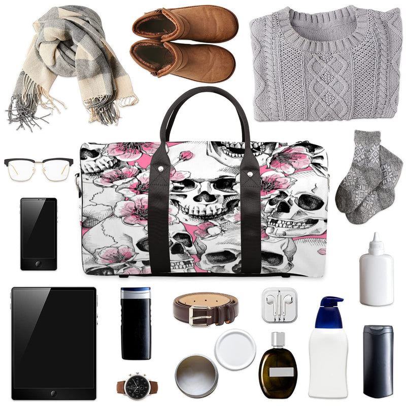 Day Of The Dead Skull Travel Duffel Bag, Cherry Blossom Skull Sports Gym Bag Waterproof Weekender Bag Overnight Travel Carry on Bag Duffel Tote for Women and Men