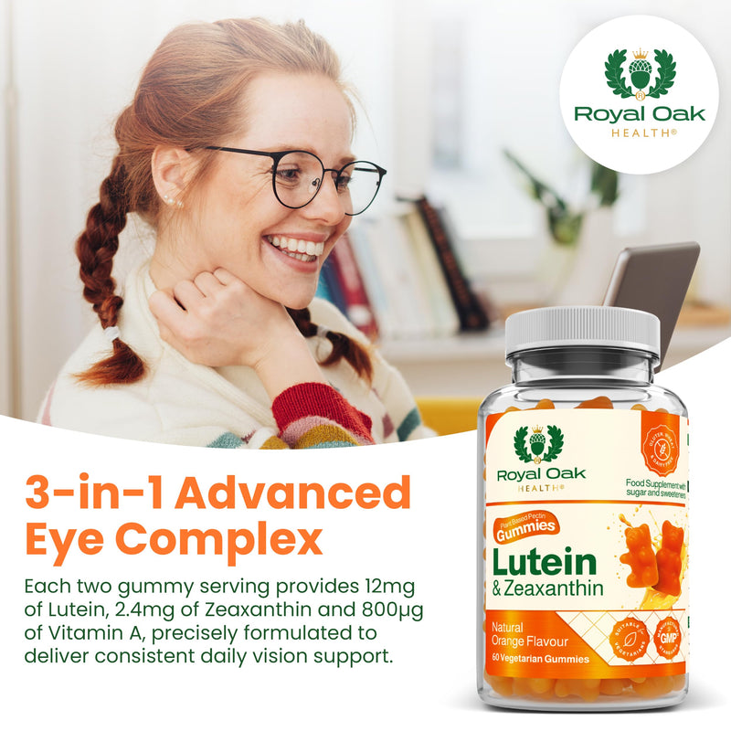 Lutein & Zeaxanthin Gummies 12mg + 2.4mg with Vitamin A 800µg | Vision Support Eye Complex | Natural Orange Flavour | Plant Based Pectin | Vegetarian | 60 Gummies | UK Made | GMP Certified Lutein & Zeaxanthin Gummies