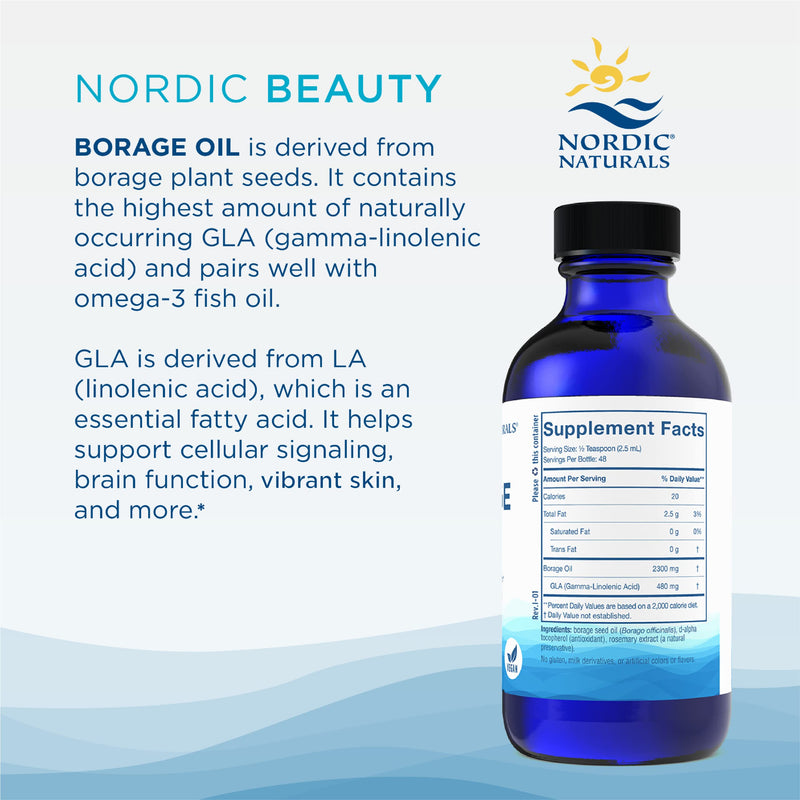 [Australia] - Nordic Naturals Nordic Beauty Borage Oil, Unflavored - 4 Ounces - Borage Seed Oil, Unique Omega-6 for Healthy and Hydrated Skin, 480 Milligrams of GLA - Non-GMO - Vegan, 48 Servings Standard Packaging 