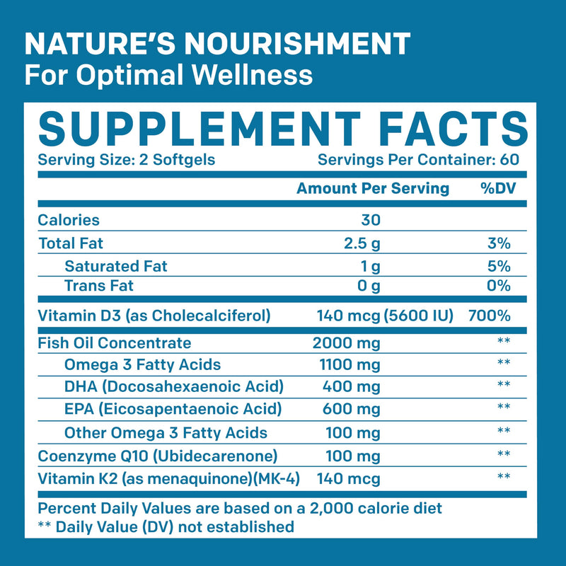 [Australia] - 5-in-1 Fish Oil Omega 3 Supplements with Vitamins D3 & K2 and CoQ10 - DHA EPA Omega 3 Fish Oil Supplements - Lemon Flavored Omega 3 Fatty Acid Supplements with 2100mg Per Serving (120ct) 