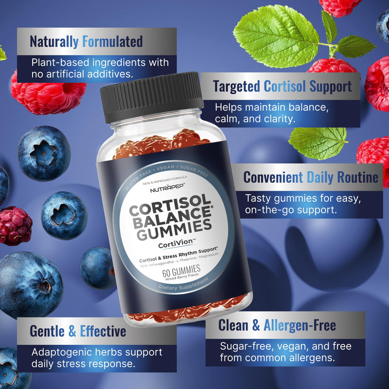 NutraPep Cortisol Gummies for Women Men - High Cortisol Reducer (2-Pack) | with Ashwagandha Magnesium L-theanine Rhodiola Rosea - Daily Cortisol Detox Manager for Stress Focus Support 60 Count (Pack of 2)
