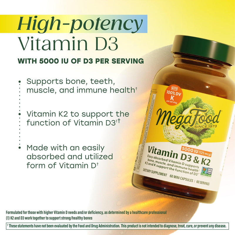 MegaFood Vitamin D3 & K2 5000 IU (125 mcg), 120 Mini Capsules | Supports Bone, Teeth, Muscle & Immune Health, Vitamin K2 & K Support the Function of D3, Non-GMO, Vegetarian, 120 Servings 120 Count (Pack of 1)