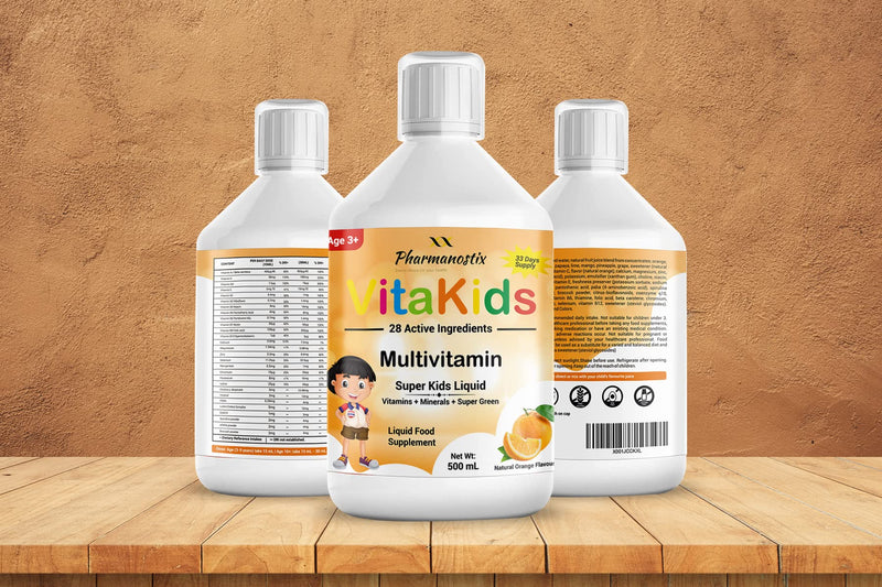 Kids Multivitamin Liquid 500ml, 28 Active Ingredients Superfood Greens - CoQ10, Lutein & Spirulina, Supports Brain & Cardiovascular Health, Natural Orange Flavour, High Absorption, 33 Days Supply