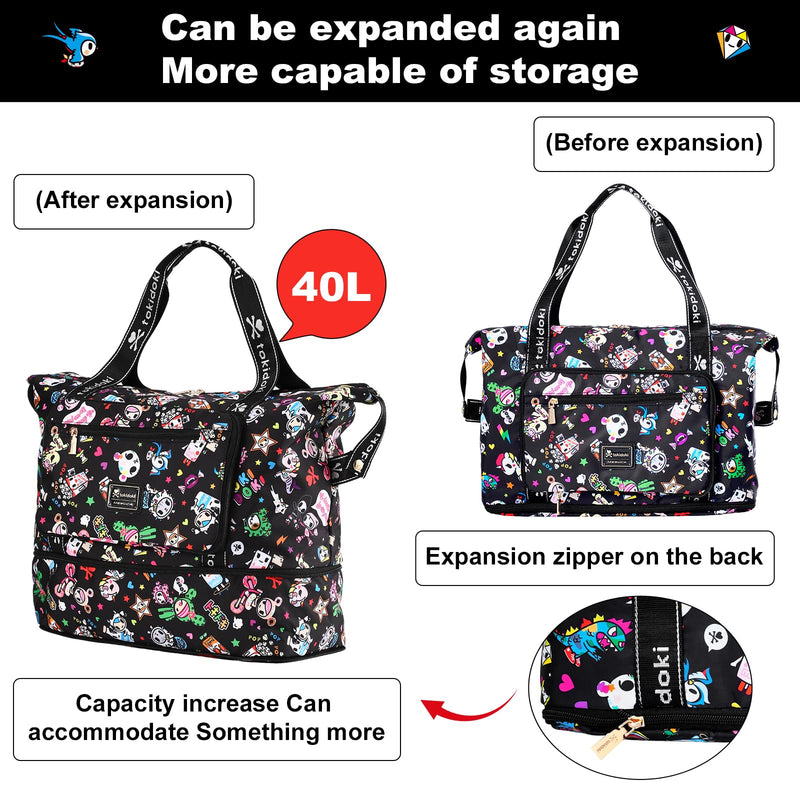 Tokidoki Foldable Duffle Bag for Travel, Airline Approved Weekender Bag | Officially Licensed │ Foldable │ 30-40L Expandable │ 6 Pockets│ Carry-On │ with Trolley Sleeve Black
