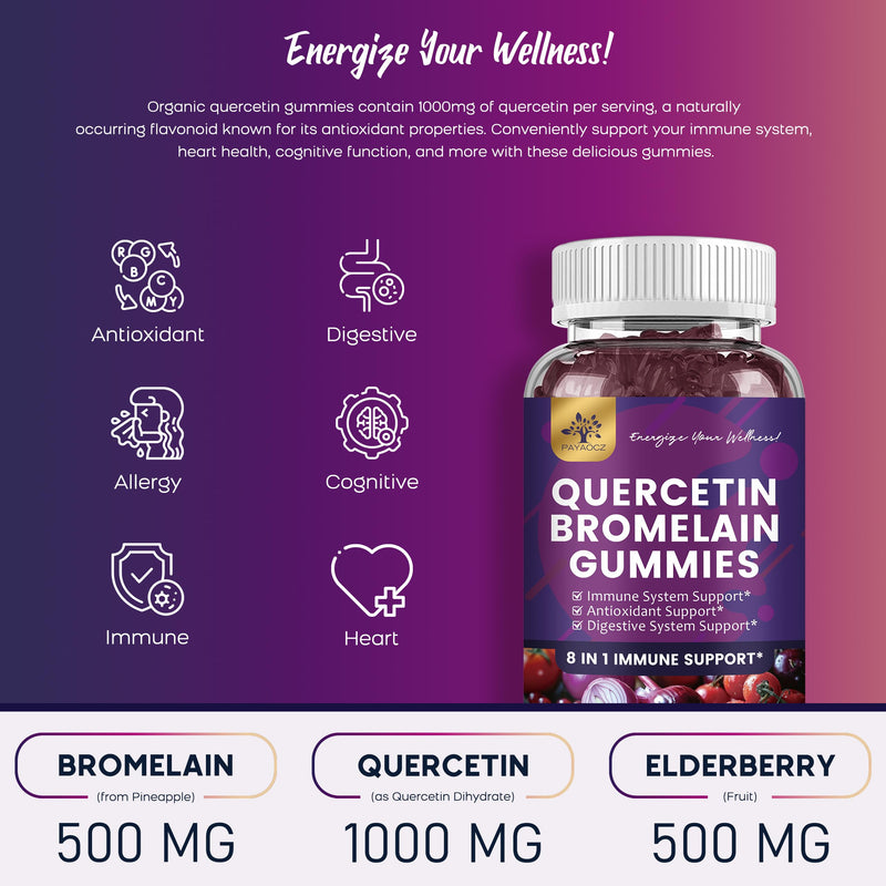 (2 Pack) Quercetin Gummies with Bromelain Zinc Elderberry Vitamin C D3 K2, Quercetin 1000mg Supplement with Bromelain 500mg for Cardiovascular, Immune System & Allergy, Vegan Gummy for Adult & Kid 60 Count (Pack of 2)