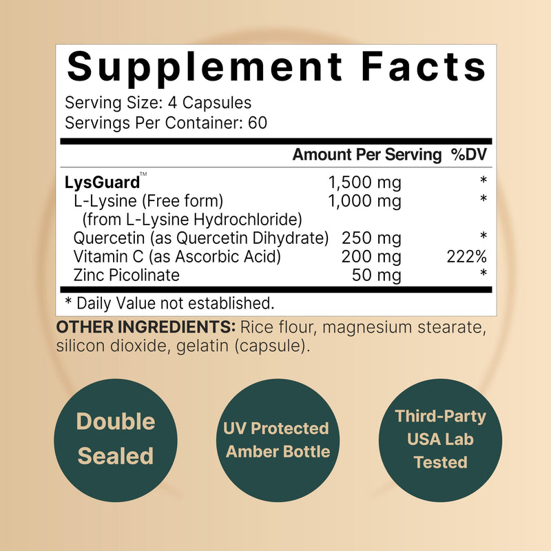 [Australia] - NatureBell L-Lysine 1,000mg Capsules + Quercetin 250mg with Vitamin C and Zinc, 240 Count | Free Form Amino Acids, L Lysine Complex | Immune Support, Lip & Skin Health Supplement 