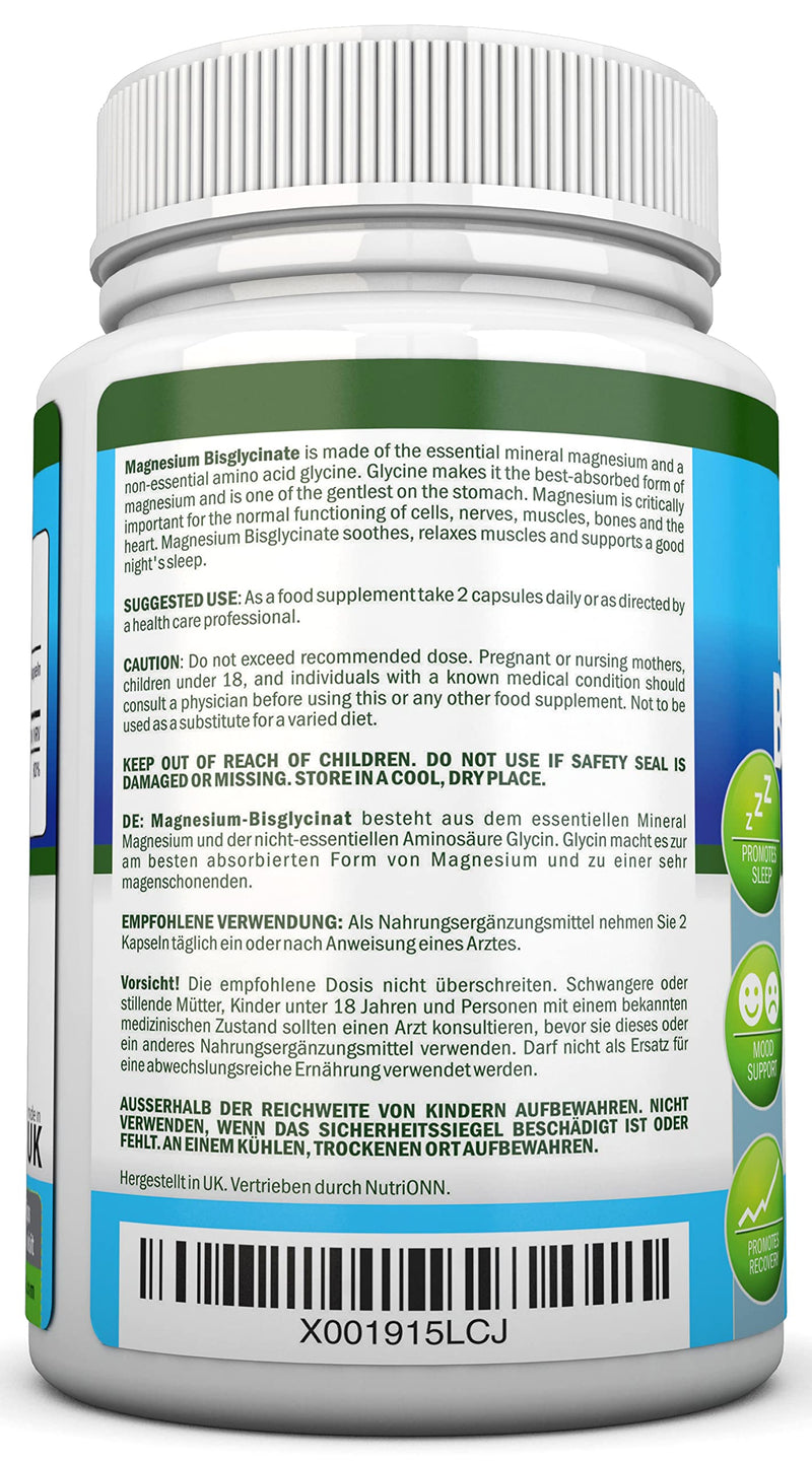 Magnesium Bisglycinate - 1600 mg - 180 Vegan Capsules - High Absorption - Chelate Vegan Supplement - High Bioavailability Pills - Great for Sleep, Anxiety, Heart Health, Muscle Cramps and Bones