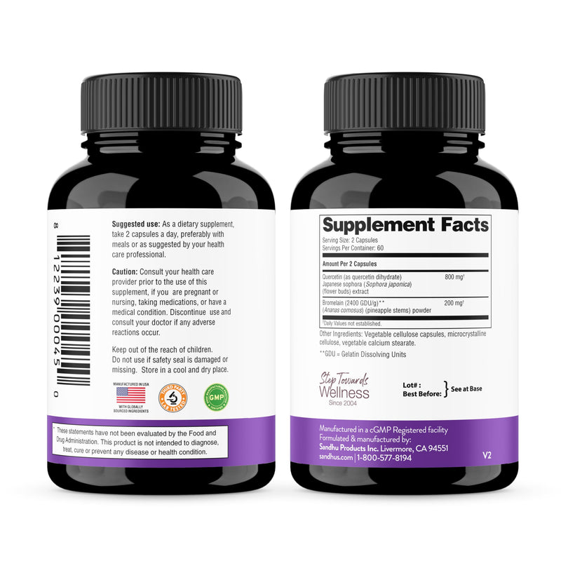 Sandhu's Quercetin 1000mg & Quercetin with Bromelain 1000mg Per Serving Bioflavonoids Supplement Complex| Supports Immune Health for Men & Women