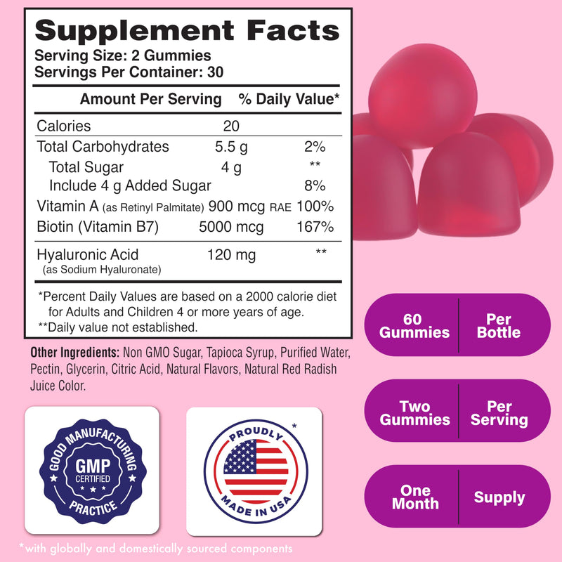Health Thru Nutrition Skineu Hair, Skin & Nails+ Gummies | Biotin 5000mcg, Hyaluronic Acid, Retinyl Palmitate | Beauty Support - Strength & Hydration | Strawberry Piña Colada Flavor | 60 Gummies