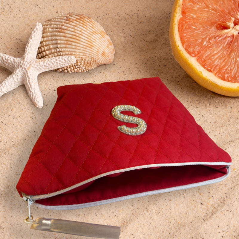 Personalized Quilted Makeup Bag, Red Cotton Pouch with Pearl Letter “S”, 9x6x3.5 inches, White Tassel
