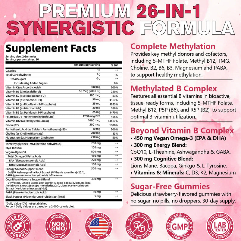Methylation Support Gummies Sugar Free - Folate 5-MTHF, B12, TMG, B2 & B6 | All B Vitamins B1 B2 B3 B5 B6 B7 B9 B12 + C D3 K2 Magnesium Omega3 CoQ10 L Theanine and more for Women Men, Strawberry 60 Ct 60 Count (Pack of 2)