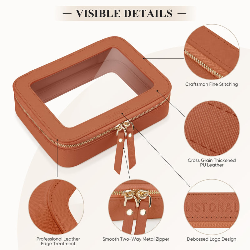 Clear Makeup Bag, Travel Toiletry Bag Cosmetic Case for Women, Waterproof Portable Make Up Skincare Pouch with Zipper, Compact Car Organizer Bag for Essentials, Mini & Medium, Brown Mini+Medium