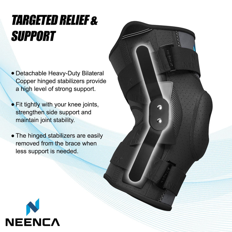 [Australia] - NEENCA Professional Knee Brace for Knee Pain, Hinged Knee Support with Patented X-Straps Fiting System, Strong Stability for Joint Pain Relief, Arthritis, Meniscus Tear, ACL, PCL, MCL, Sports, Workout Large Black-Single 