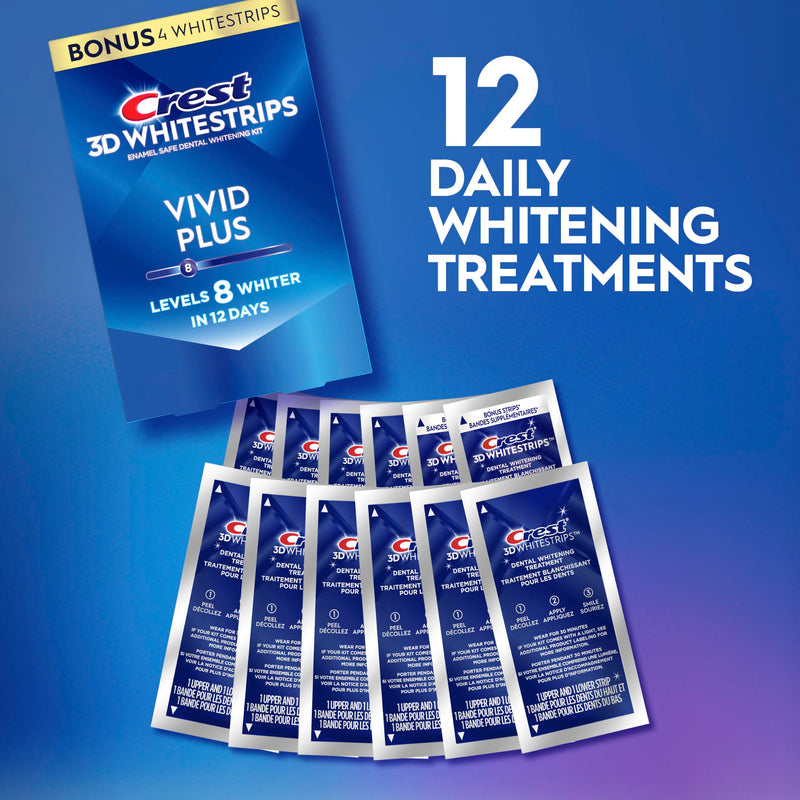 Crest Teeth Whitening Strips, Crest 3D Whitestrips Vivid Plus, Enamel Safe Teeth Whitening Kit, 12 Treatments (24 Strips), Visibly Whitens in Days, 8 Levels Whiter