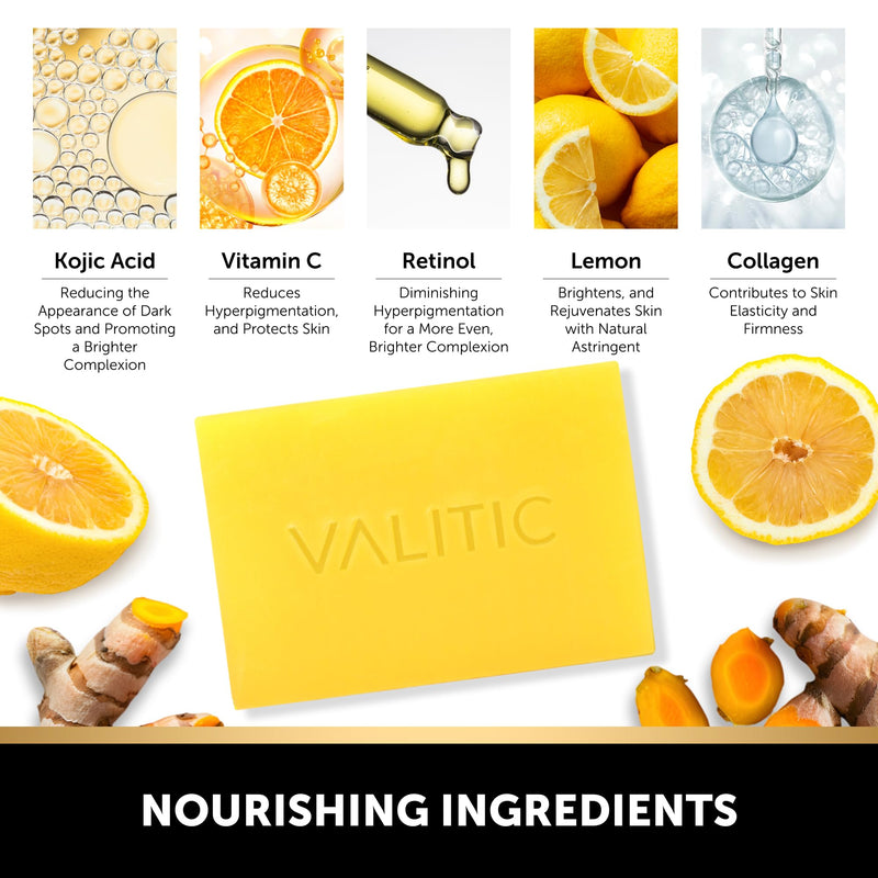 VALITIC Brightening Lemon & Turmeric Kojic Acid Soap with Vitamin C, Retinol, Collagen - Original Japanese Complex Infused with Hyaluronic Acid, Vitamin E, Shea Butter - Dark Spot Corrector (5 Pack) 5 Pack