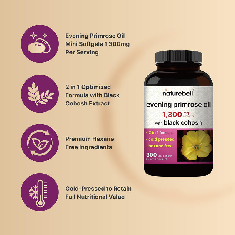 [Australia] - NatureBell Evening Primrose Oil with Black Cohosh, 1,300mg Per Serving, 300 Mini-Softgels | Cold Pressed Seeds, Retains 130mg GLA for Womens Health & Skin Care Support – Hexane Free, Non-GMO 