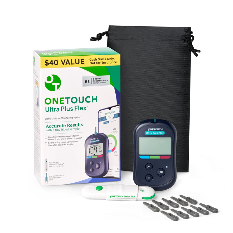 [Australia] - OneTouch Ultra Plus Flex Bonus Pack | 1 Blood Glucose UPF Meter, 1 Delica Plus Lancing Device, 10 Delica Plus 33g Lancets & Carrying Pouch 