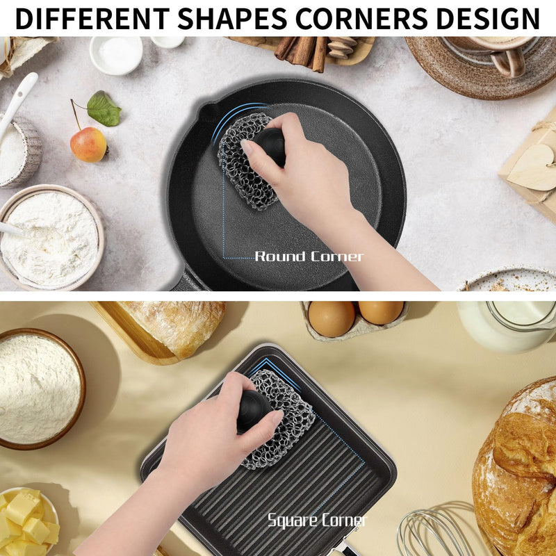 [Australia] - Cast Iron Scrubber with Pan Scraper, 316 Chainmail Scrubber, Upgraded Chain Mail Scrubber Sponge, Cast Iron Cleaner for Grill Pan Skillet Wok Carbon Steel, Dutch Oven Metal Brush Cleaning Kit, Black 
