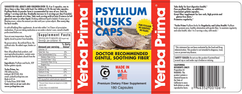 [Australia] - Yerba Prima Psyllium Husks Caps Dietary Fiber 625 mg, 180 Capsules - Colon Cleansing Supplement - Gut Health - Non-GMO Gluten Free Unflavored 180 Count (Pack of 1) 