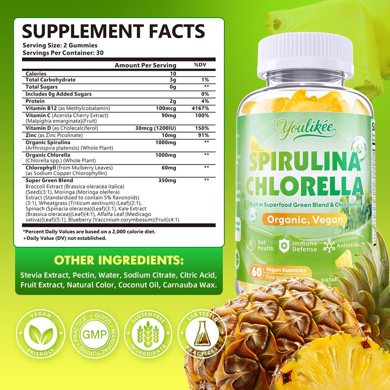 Spirulina Chlorella Gummies, Support Energy, Immune System & Antioxidant | Super Greens Blend with Protein, Chlorophyll, Vitamin C, D3, B12, Zinc, Pineapple Flavor, 60 Count 60 Count (Pack of 1)