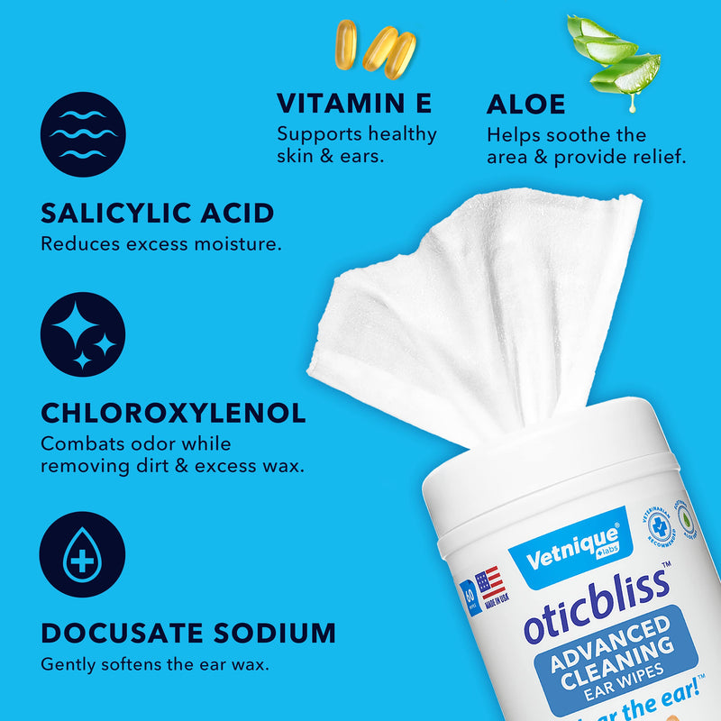 Oticbliss Vet-Strength Ear Drops with MicroSilver™ BG and Oticbliss Advanced Cleaning Wipes XL (60 Ct) Bundle, Advanced Ear Conditions Clinical Strength Ear Drops for Dogs Plus Dog Ear Cleaning Wipes - PawsPlanet Australia