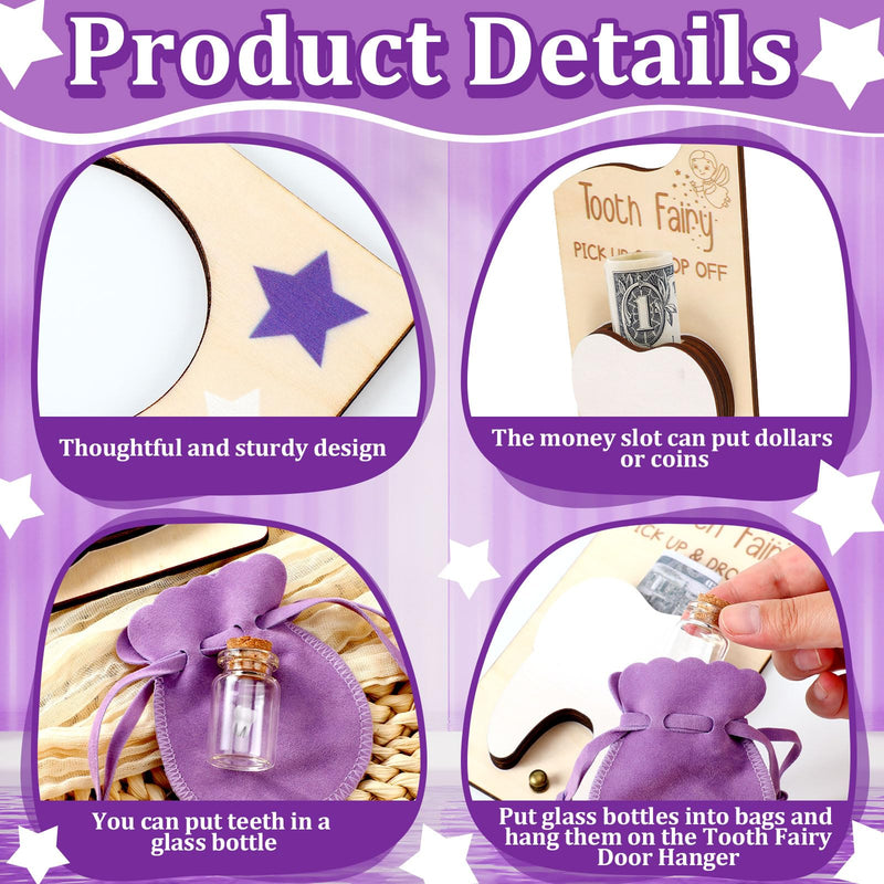 [Australia] - 3 Pcs Tooth Fairy Tooth Holder Bag Tooth Fairy Door Hanger with Money Slot Keepsake Bottle Velvet Pouch Tooth Fairy Box for Lost Teeth Kid Boy and Girl Milk Teeth Encourage Gift(Purple) Purple 