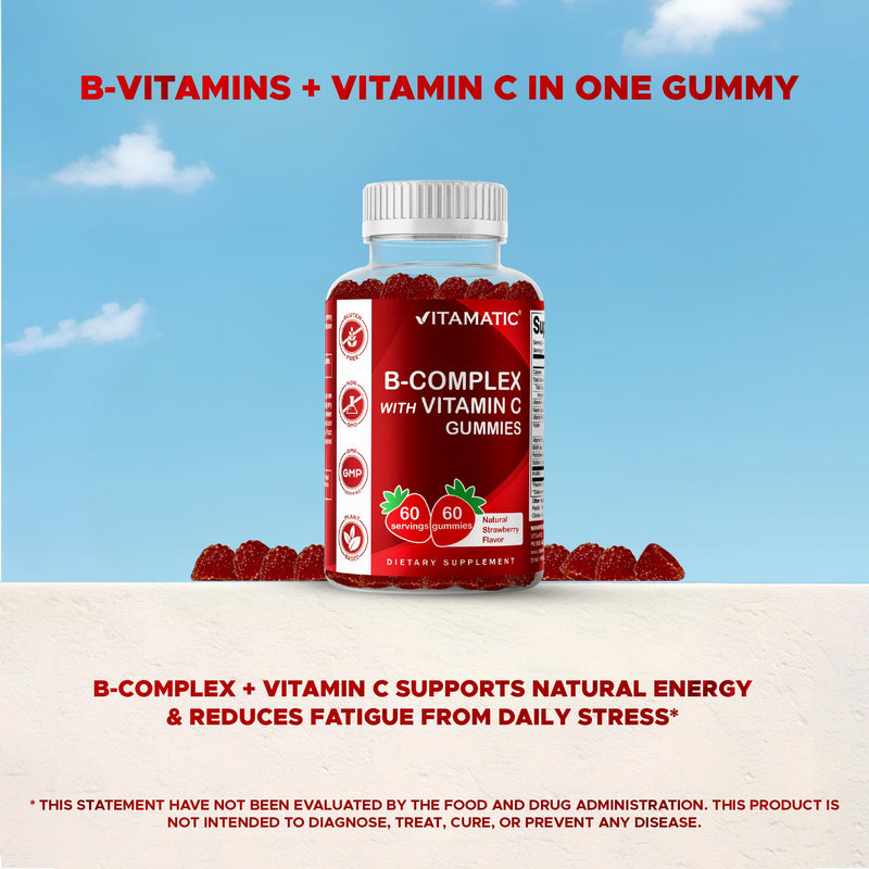 Vitamatic Vitamin B Complex Gummies with Vitamin C & Inositol - Natural Strawberry Flavor - 60 Gummies
