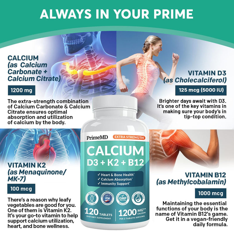 PrimeMD 4-in-1 Calcium 1200mg, Vitamin D3 K2 5000IU, Vegan Non-GMO, 120ct | Bone Health and Everyday Vitality Support, Extra Strength Calcium with Vitamin D3 and K2, Vegan, Non-GMO, Calcium Supplement 120 Count (Pack of 1)