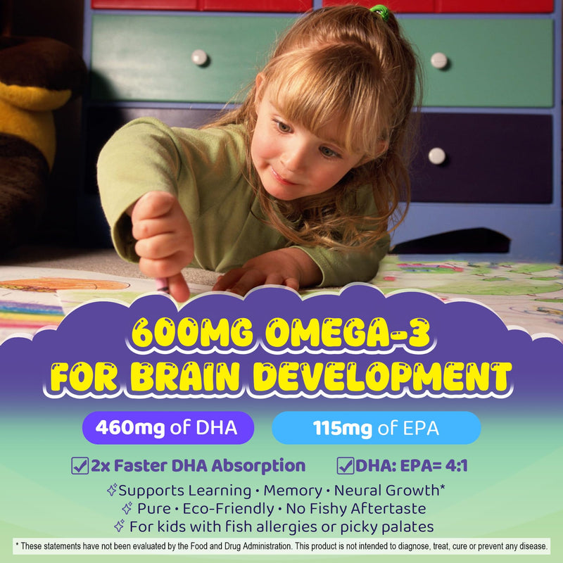 [Australia] - Kids Omega-3 Gummies for 4+, Algae Oil DHA & EPA with Vitamin D3 K2, Choline & PS, Vegan Fish Oil Supplements for Brain, Bone, Cognitive & Immune Health, No Fish Taste, SugarFree, Lemon Flavor, 60Cts 60 Count (Pack of 1) 
